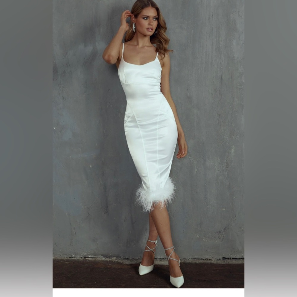 Selfie Leslie Feather Trim White Midi Dress